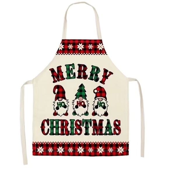 Christmas Apron Santa Gnome Waist Tie Bib Halter Holiday Adult Buffalo Check OS - Picture 1 of 8